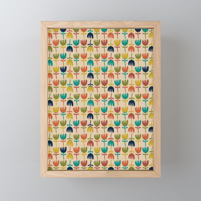 Tulips - Cute Scandinavian Floral Pattern in Midcentury Modern Mustard, Teal, Olive, and Orange on Beige Mini Art Print Gallery Image 1