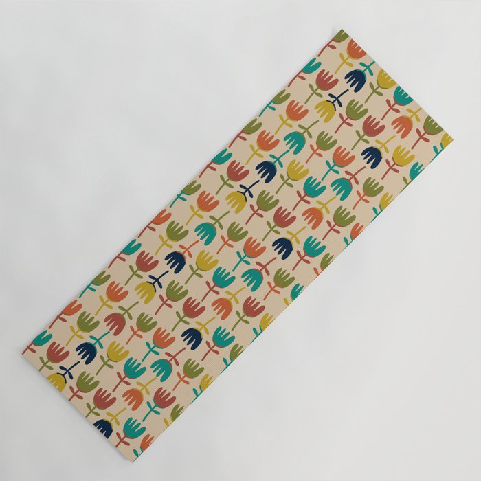 Tulips - Cute Scandinavian Floral Pattern in Midcentury Modern Mustard, Teal, Olive, and Orange on Beige Yoga Mat Gallery Image 1