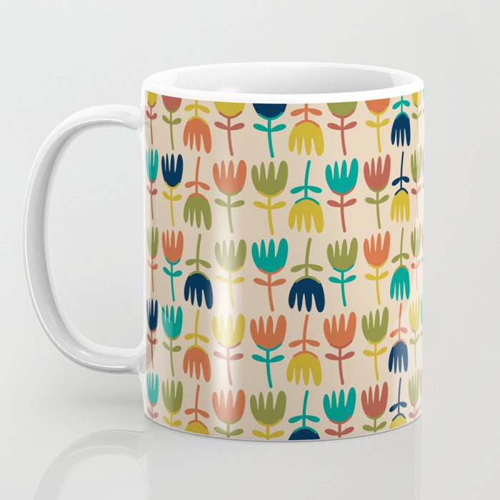Tulips - Cute Scandinavian Floral Pattern in Midcentury Modern Mustard, Teal, Olive, and Orange on Beige Coffee Mug Gallery Image 3