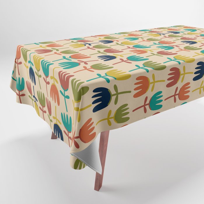 Tulips - Cute Scandinavian Floral Pattern in Midcentury Modern Mustard, Teal, Olive, and Orange on Beige Tablecloth Gallery Image 1