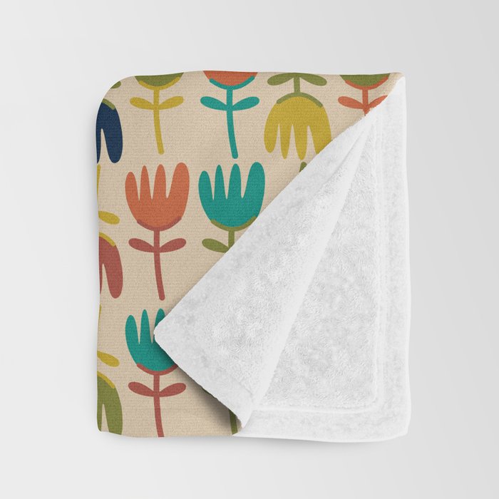 Tulips - Cute Scandinavian Floral Pattern in Midcentury Modern Mustard, Teal, Olive, and Orange on Beige Throw Blanket Gallery Image 3