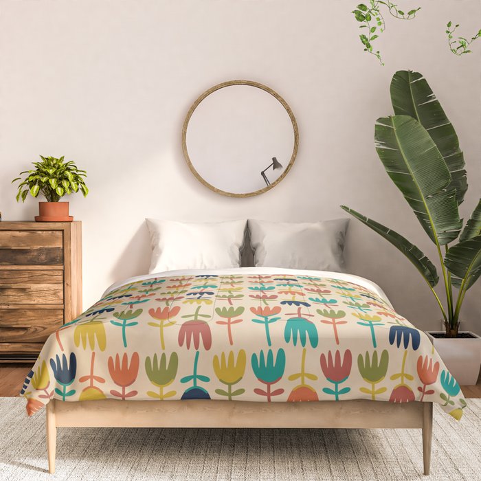 Tulips - Cute Scandinavian Floral Pattern in Midcentury Modern Mustard, Teal, Olive, and Orange on Beige Comforter Gallery Image 3