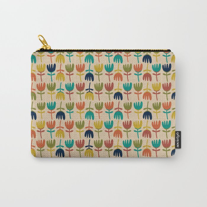 Tulips - Cute Scandinavian Floral Pattern in Midcentury Modern Mustard, Teal, Olive, and Orange on Beige Carry All Pouch Gallery Image 1