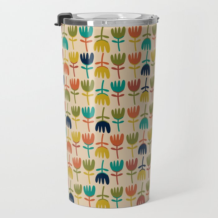 Tulips - Cute Scandinavian Floral Pattern in Midcentury Modern Mustard, Teal, Olive, and Orange on Beige Travel Mug Gallery Image 3
