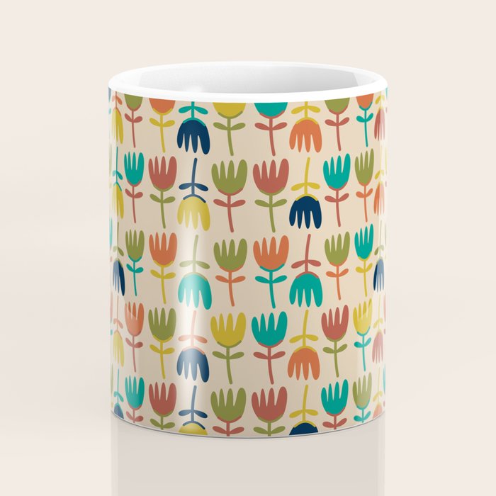 Tulips - Cute Scandinavian Floral Pattern in Midcentury Modern Mustard, Teal, Olive, and Orange on Beige Coffee Mug Gallery Image 4