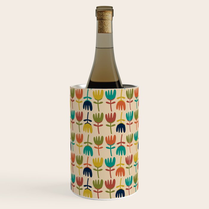Tulips - Cute Scandinavian Floral Pattern in Midcentury Modern Mustard, Teal, Olive, and Orange on Beige Wine Chiller Gallery Image 1