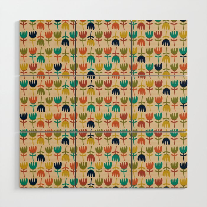 Tulips - Cute Scandinavian Floral Pattern in Midcentury Modern Mustard, Teal, Olive, and Orange on Beige Wood Wall Art Gallery Image 1