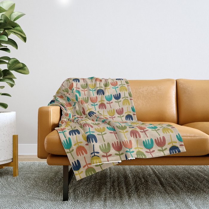 Tulips - Cute Scandinavian Floral Pattern in Midcentury Modern Mustard, Teal, Olive, and Orange on Beige Throw Blanket Gallery Image 1