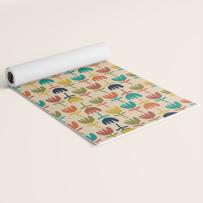 Tulips - Cute Scandinavian Floral Pattern in Midcentury Modern Mustard, Teal, Olive, and Orange on Beige Yoga Mat Gallery Image 2