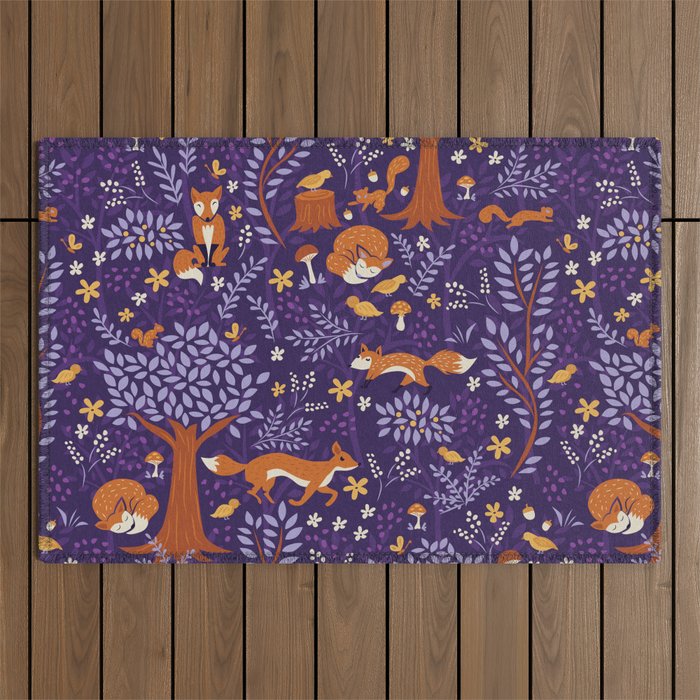 Foxes Playing in a Purple Forest Outdoor Rug Gallery Image 1