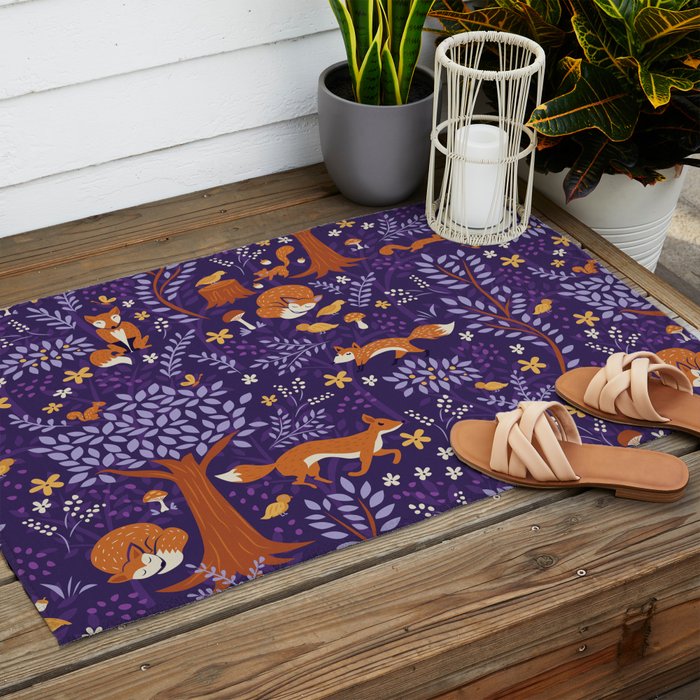 Foxes Playing in a Purple Forest Outdoor Rug Gallery Image 2