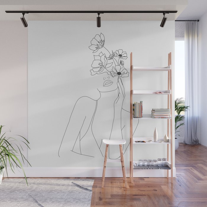 Minimal Line Art Woman with Flowers Wall Mural Gallery Image 1