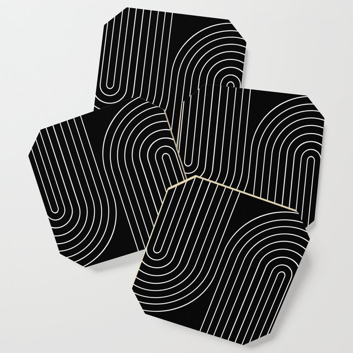 Minimal Line Curvature II Black and White Mid Century Modern Arch Abstract Coaster Gallery Image 1