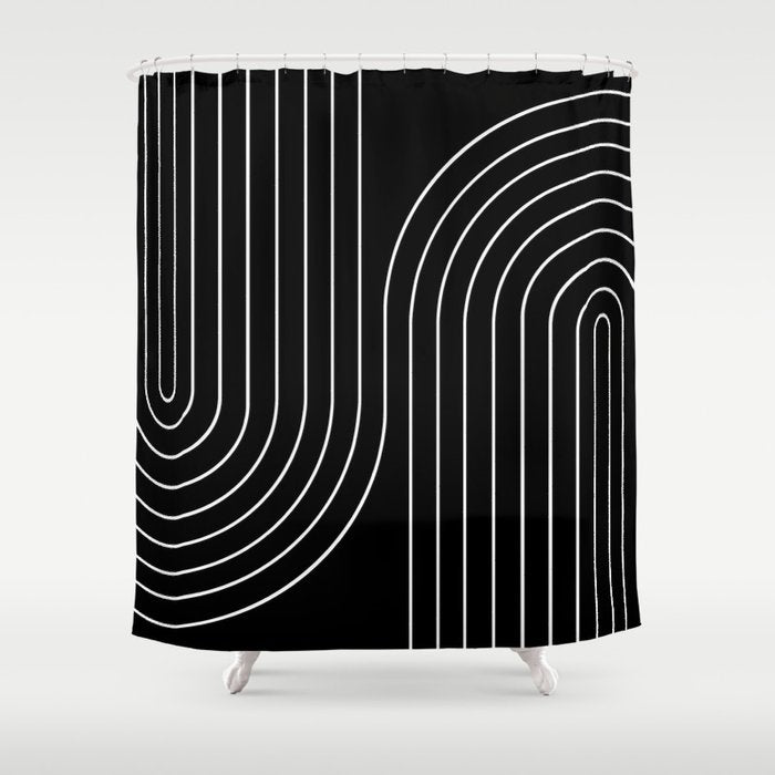 Minimal Line Curvature II Black and White Mid Century Modern Arch Abstract Shower Curtain Gallery Image 1