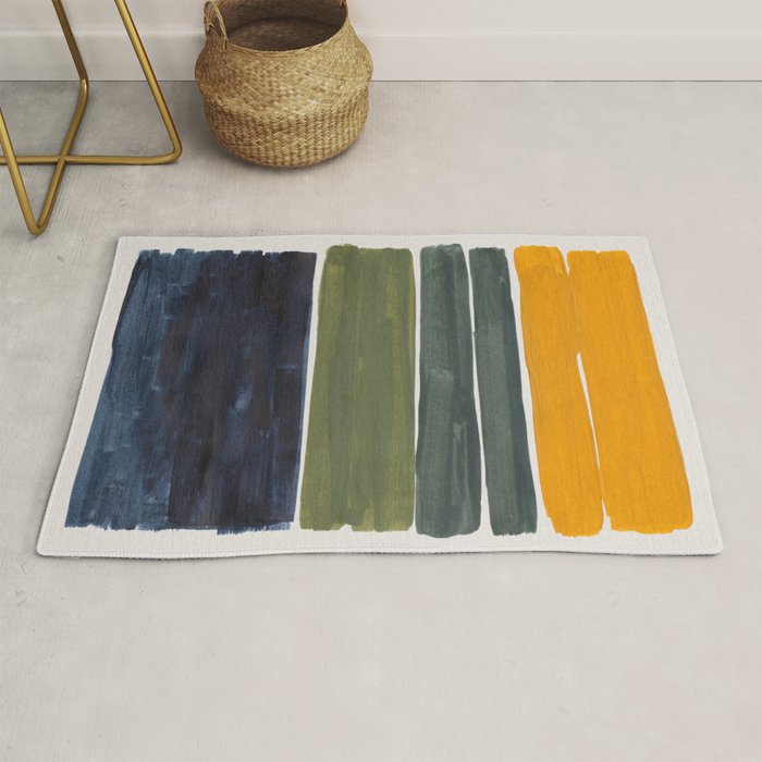 Minimalist Mid Century Color Block Color Field Rothko Navy Blue Olive Green Yellow Pattern by Ejaaz Haniff Rug Gallery Image 1