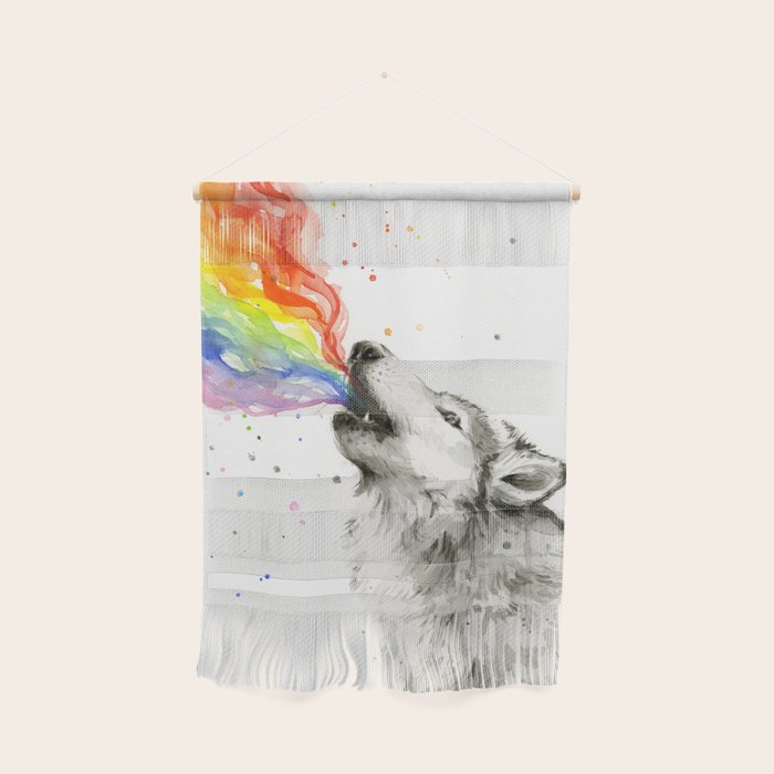Wolf Howling Rainbow Watercolor Wall Hanging Gallery Image 1
