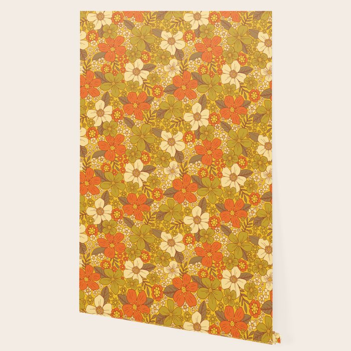 Retro 60s/70s Orange & Olive Green Floral Wallpaper Gallery Image 2