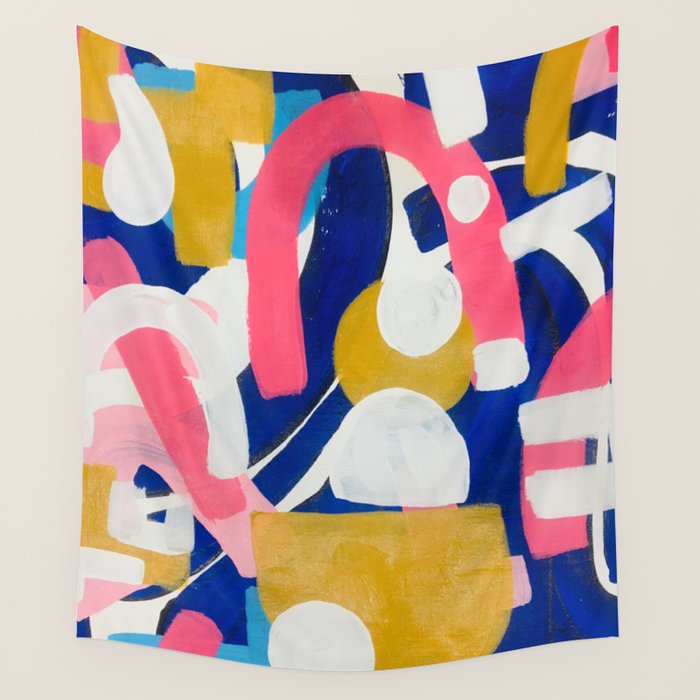 Graffiti Colorful Funky Acrylic Painting Pink Blue Yellow Patterns Shapes by Ejaaz Haniff Wall Tapestry Gallery Image 4