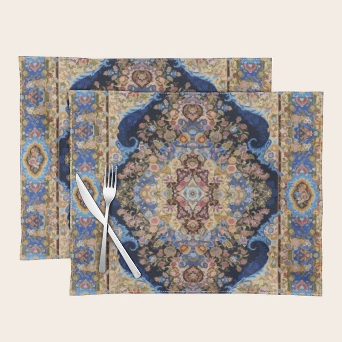 Antique Vintage Persian Rug Abstract Floral Pattern in Taupe Burgundy Navy Placemat Gallery Image 1