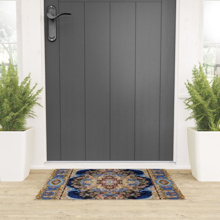Antique Vintage Persian Rug Abstract Floral Pattern in Taupe Burgundy Navy Welcome Mat Gallery Image 3