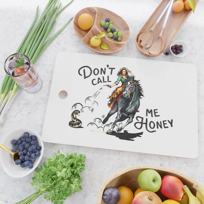 "Don't Call Me Honey" Cowgirl On Horseback Shooting a Rattlesnake Cutting Board Gallery Image 2
