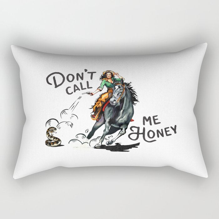 "Don't Call Me Honey" Cowgirl On Horseback Shooting a Rattlesnake Rectangular Pillow Gallery Image 1