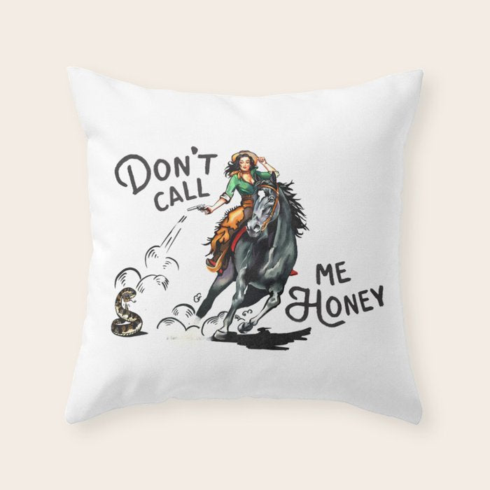 "Don't Call Me Honey" Cowgirl On Horseback Shooting a Rattlesnake Throw Pillow Gallery Image 1