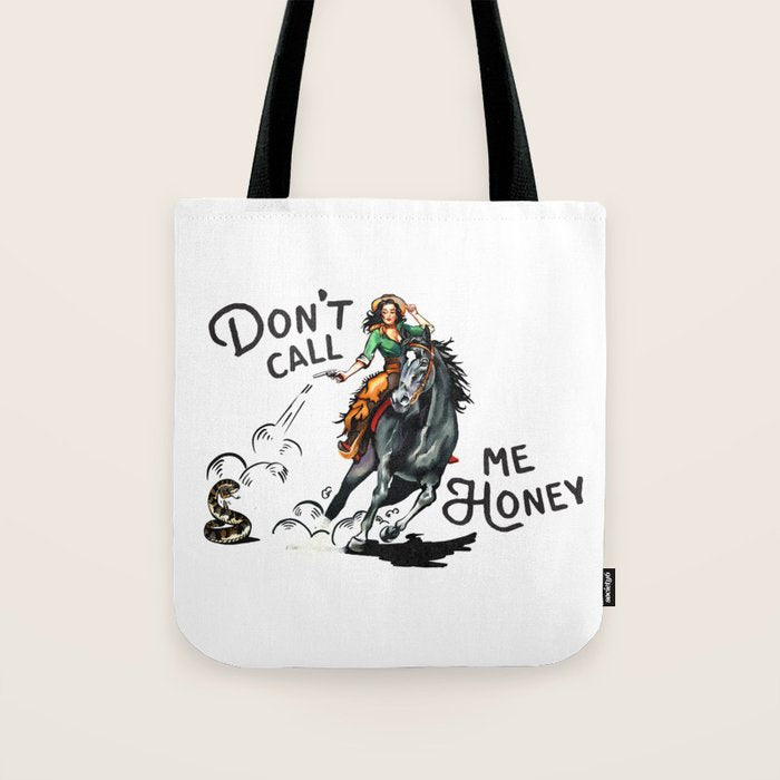 "Don't Call Me Honey" Cowgirl On Horseback Shooting a Rattlesnake Tote Bag Gallery Image 1