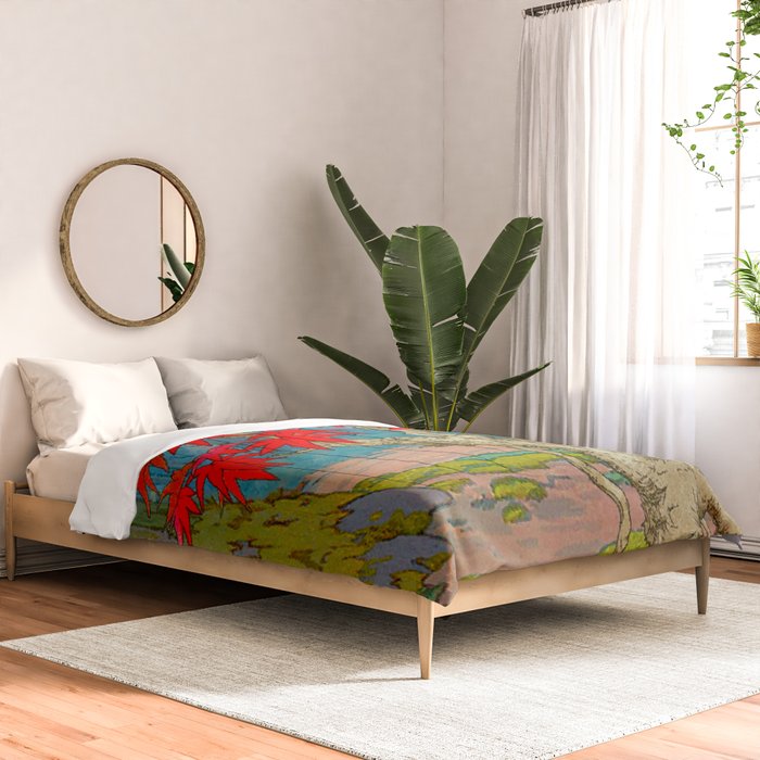 Nishigi's Goddess - Nature Ukiyo Landscape in Red, Green & Blue Comforter Gallery Image 2