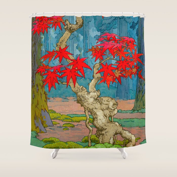 Nishigi's Goddess - Nature Ukiyo Landscape in Red, Green & Blue Shower Curtain Gallery Image 1