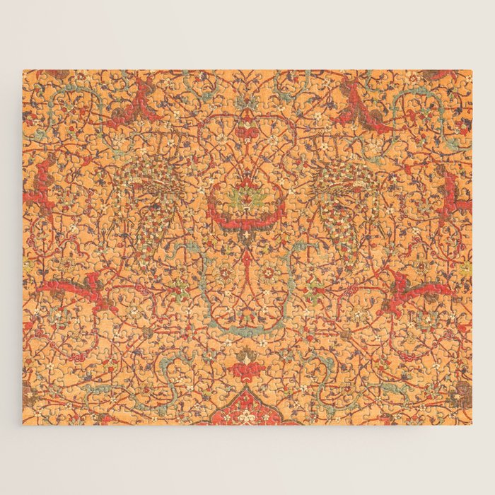 Flowery Vines V // 16th Century Contemporary Red Blue Yellow Colorful Ornate Accent Rug Pattern Jigsaw Puzzle Gallery Image 1