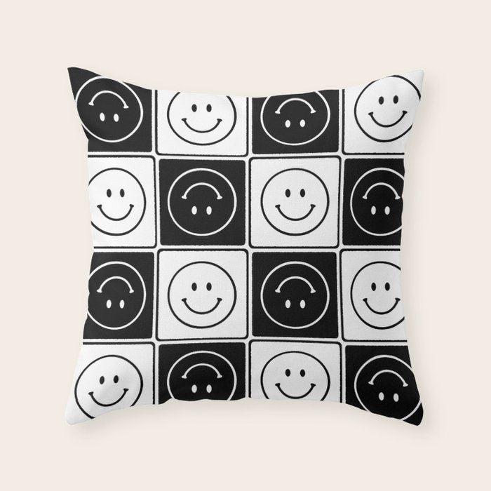 Checked Smiley Faces Pattern (Black & White) Throw Pillow Gallery Image 1