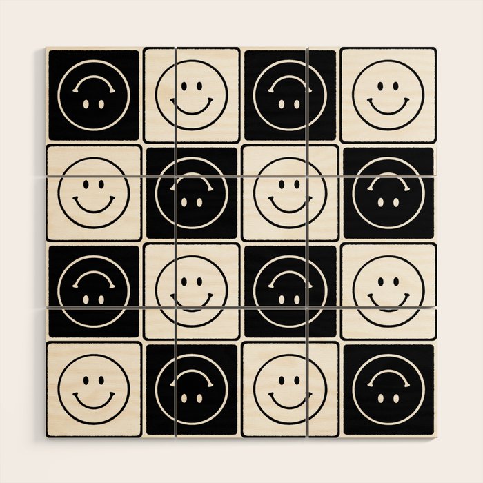 Checked Smiley Faces Pattern (Black & White) Wood Wall Art Gallery Image 1