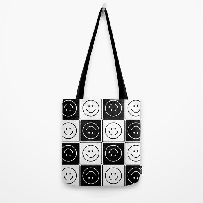 Checked Smiley Faces Pattern (Black & White) Tote Bag Gallery Image 2