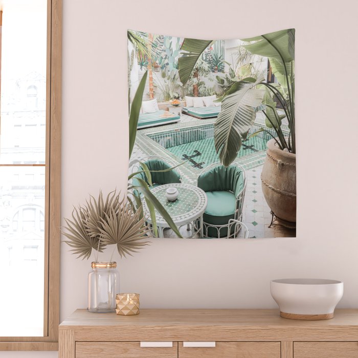 Travel Photography Art Print | Tropical Plant Leaves In Marrakech Photo | Green Pool Interior Design Wall Tapestry Gallery Image 2