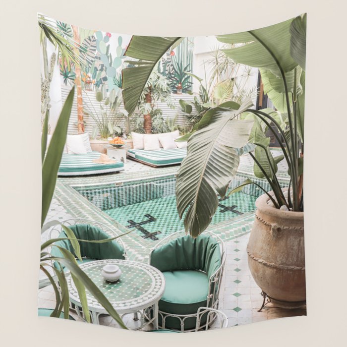 Travel Photography Art Print | Tropical Plant Leaves In Marrakech Photo | Green Pool Interior Design Wall Tapestry Gallery Image 1