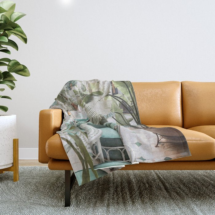Travel Photography Art Print | Tropical Plant Leaves In Marrakech Photo | Green Pool Interior Design Throw Blanket Gallery Image 1