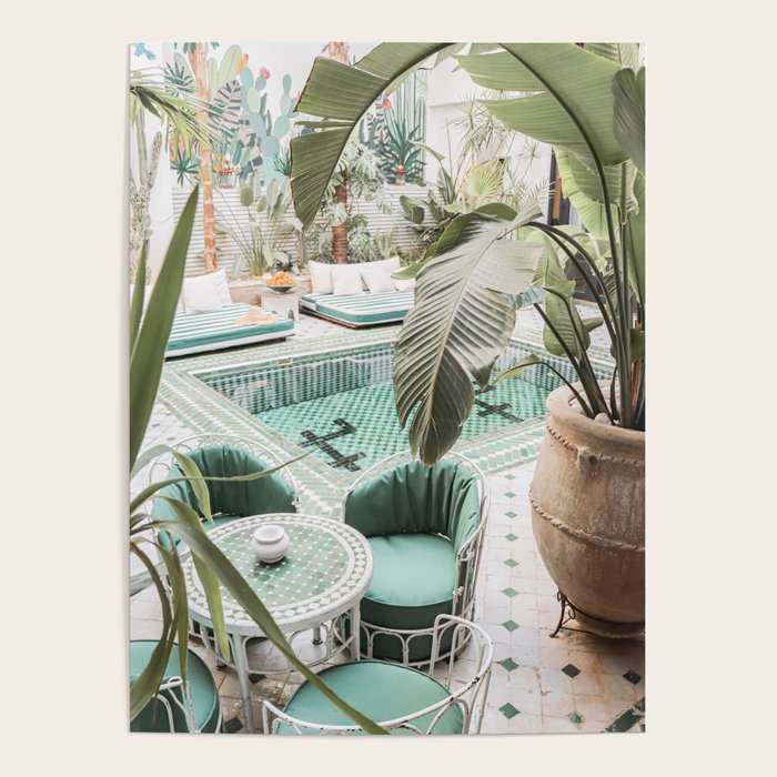 Travel Photography Art Print | Tropical Plant Leaves In Marrakech Photo | Green Pool Interior Design Poster Gallery Image 1