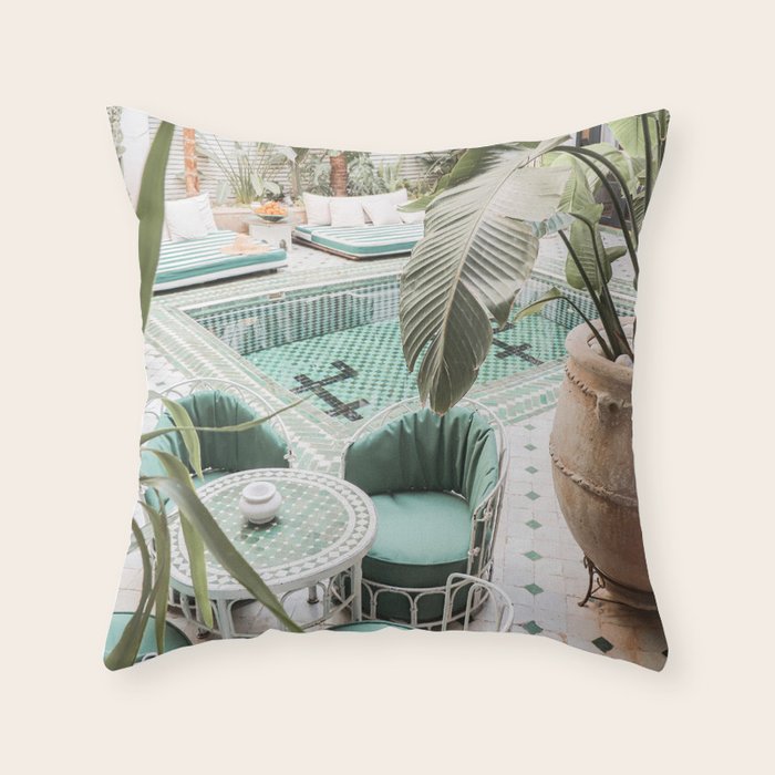 Travel Photography Art Print | Tropical Plant Leaves In Marrakech Photo | Green Pool Interior Design Throw Pillow Gallery Image 1
