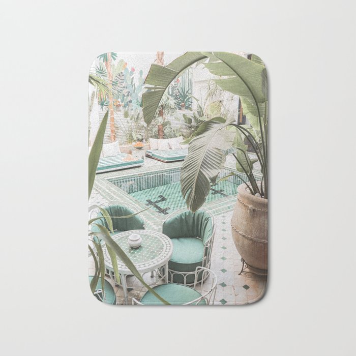 Travel Photography Art Print | Tropical Plant Leaves In Marrakech Photo | Green Pool Interior Design Bath Mat Gallery Image 1
