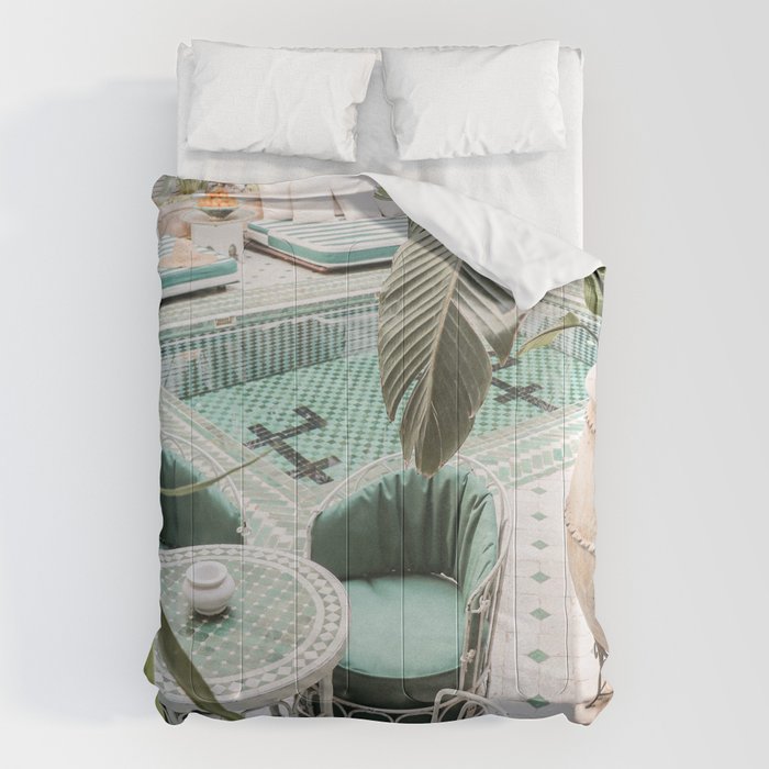 Travel Photography Art Print | Tropical Plant Leaves In Marrakech Photo | Green Pool Interior Design Comforter Gallery Image 6