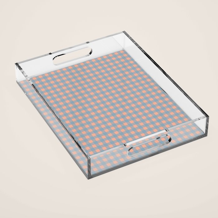 Gingham Check Pattern in Light Blue and Peach Acrylic Tray Gallery Image 1