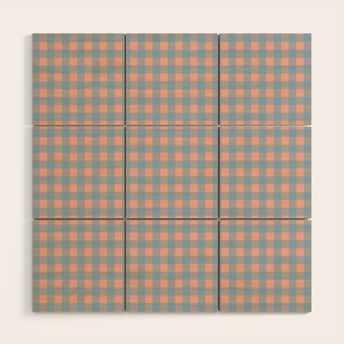 Gingham Check Pattern in Light Blue and Peach Wood Wall Art Gallery Image 1