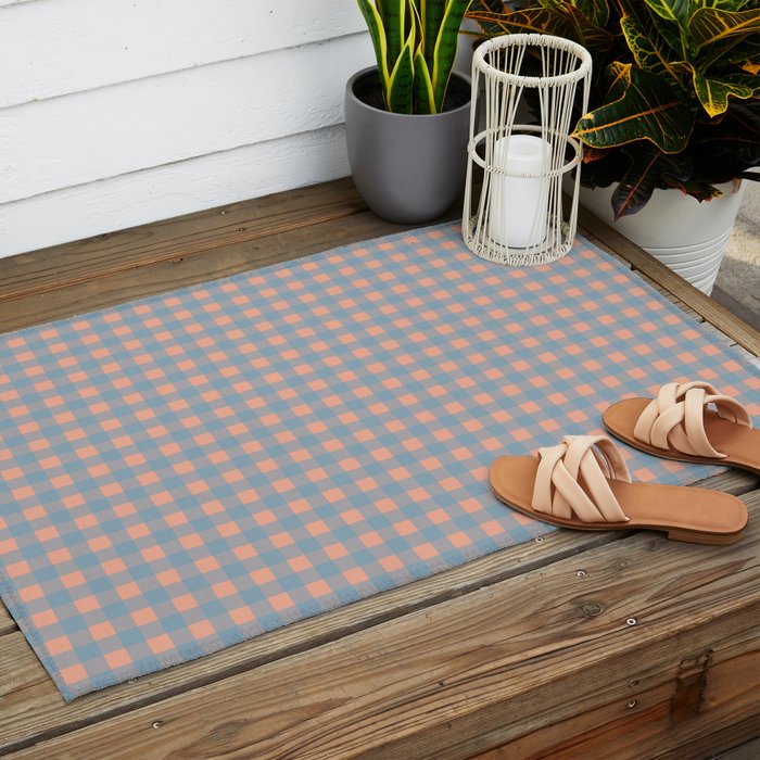 Gingham Check Pattern in Light Blue and Peach Outdoor Rug Gallery Image 2