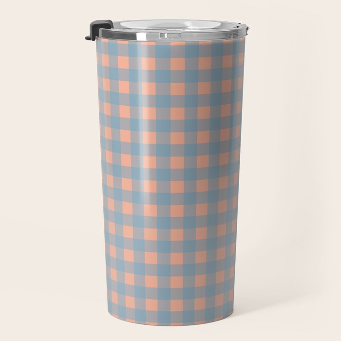 Gingham Check Pattern in Light Blue and Peach Travel Mug Gallery Image 3