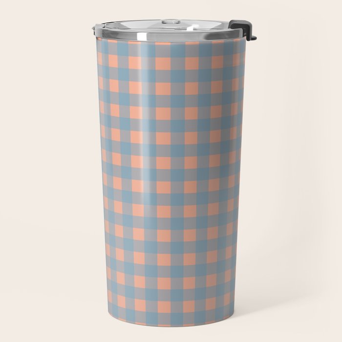 Gingham Check Pattern in Light Blue and Peach Travel Mug Gallery Image 2