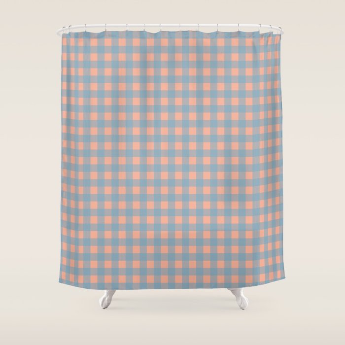 Gingham Check Pattern in Light Blue and Peach Shower Curtain Gallery Image 1