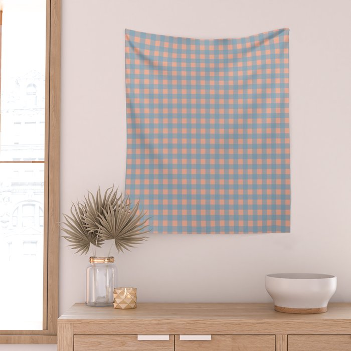 Gingham Check Pattern in Light Blue and Peach Wall Tapestry Gallery Image 2
