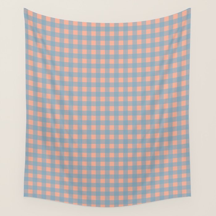 Gingham Check Pattern in Light Blue and Peach Wall Tapestry Gallery Image 4