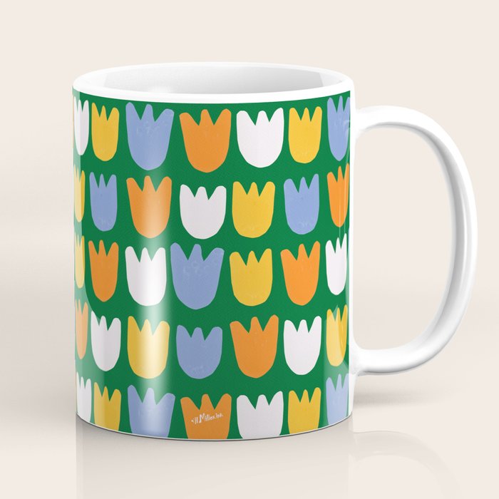 Rows of Tulips in Bloom in Forest Green & Orange Coffee Mug Gallery Image 1